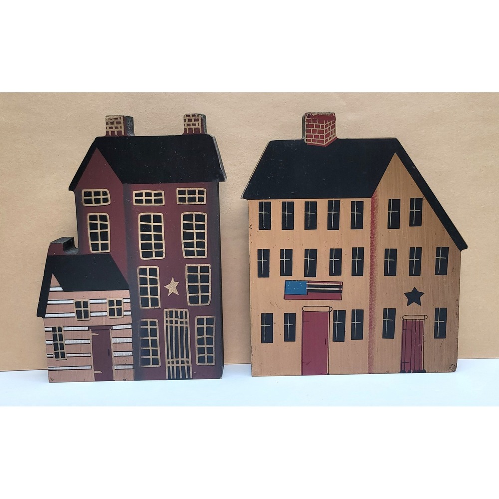 Set of 2 Hearthside Collection Donna White Primitive Wood Houses Shelf Sitters